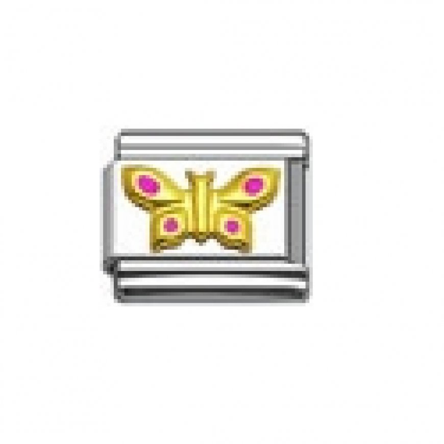 Goldtone butterfly with pink spots - enamel 9mm Italian charm - Click Image to Close