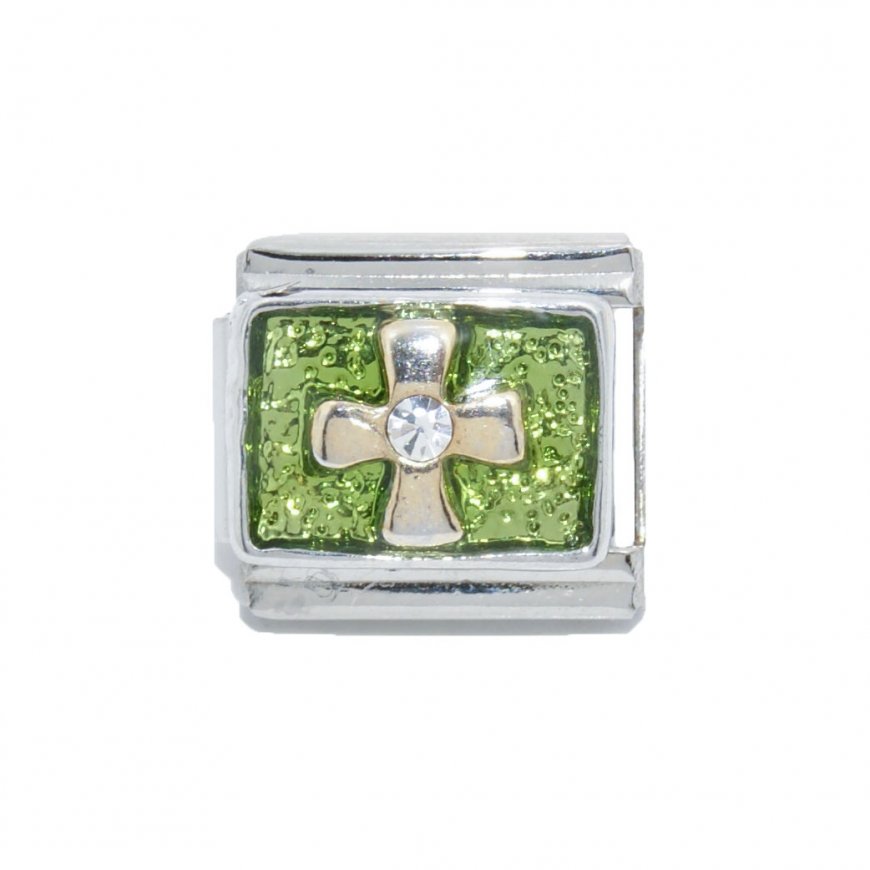 Gold cross on green background - 9mm Italian Charm - Click Image to Close