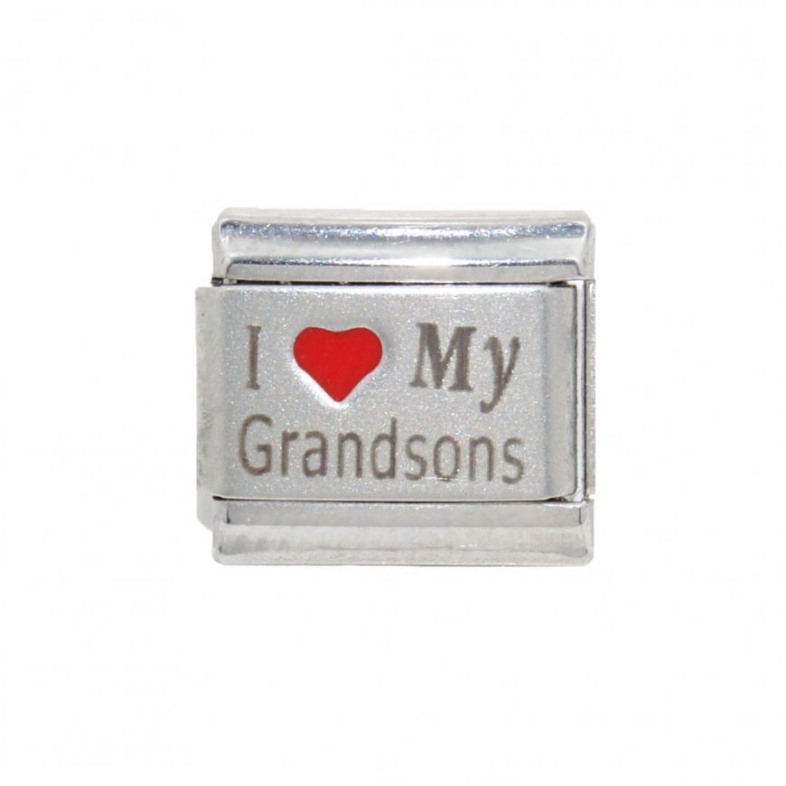 I love my grandsons - red heart laser 9mm Italian charm - Click Image to Close