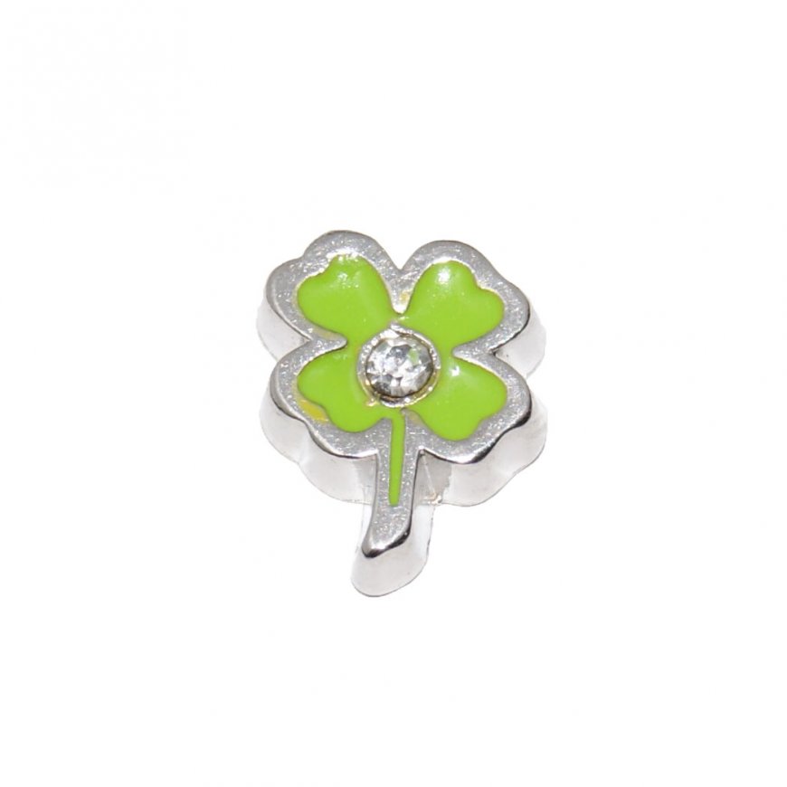 Lime green four leaf clover with clear stone 7mm floating locket - Click Image to Close