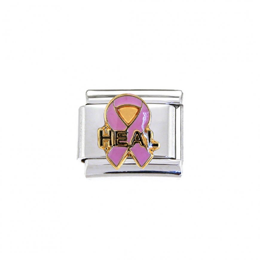 Heal on pink breast cancer ribbon - enamel 9mm Italian charm - Click Image to Close