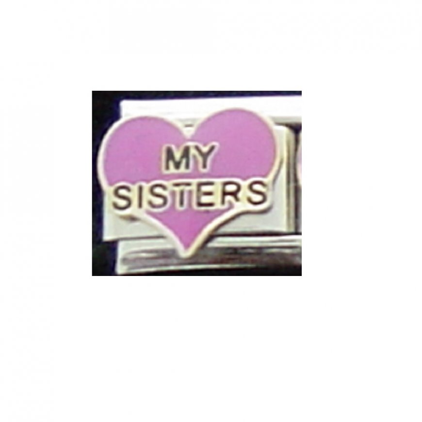 Love my sisters - pink heart enamel 9mm Italian charm - Click Image to Close