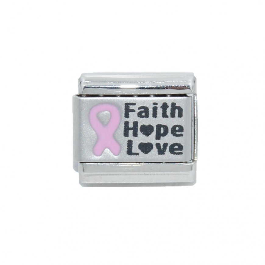 Faith Hope Love breast cancer ribbon laser - 9mm Italian charm - Click Image to Close