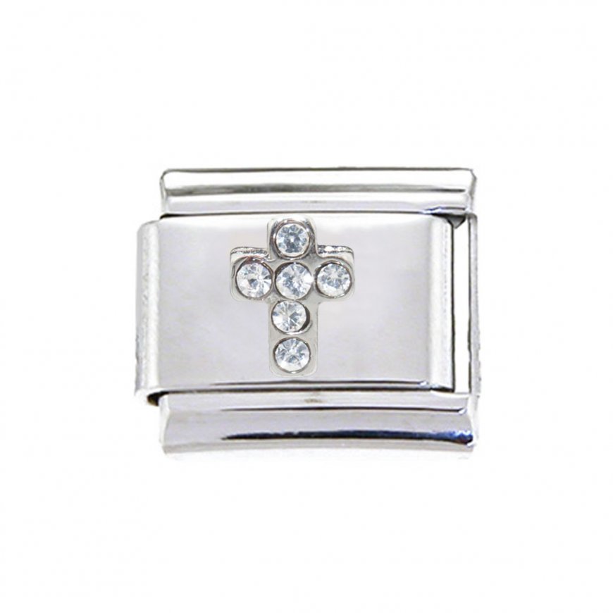 Cross with clear stones - 9mm enamel Italian charm - Click Image to Close