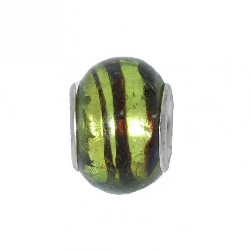 EB39 - Glass bead - Green foil with black lines - European bead - Click Image to Close