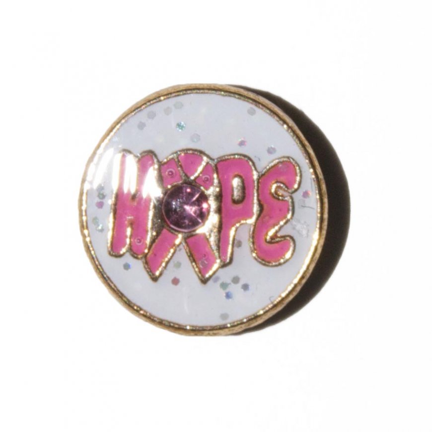 Hope breast cancer ribbon on circle 7mm floating locket charm - Click Image to Close