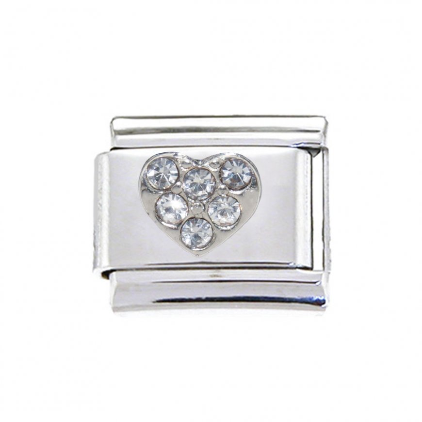 Silvertone heart with clear stones 9mm Italian charm - Click Image to Close