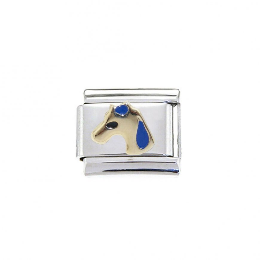 Gold and blue Horses head - enamel 9mm Italian charm - Click Image to Close