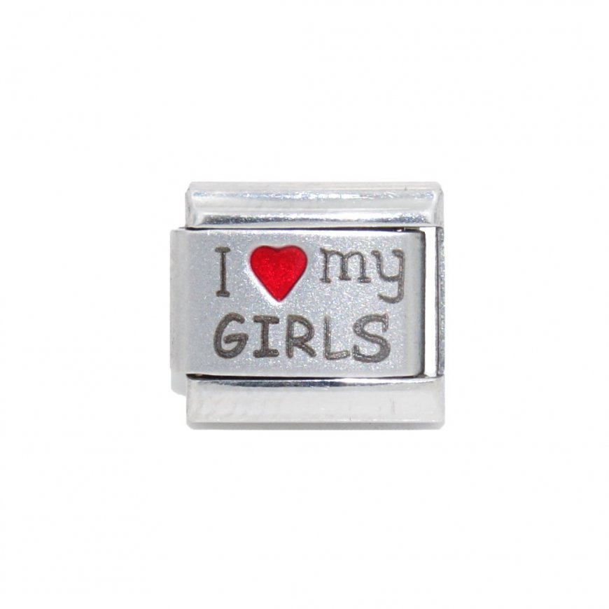I love my girls (b) - red heart laser 9mm Italian charm - Click Image to Close