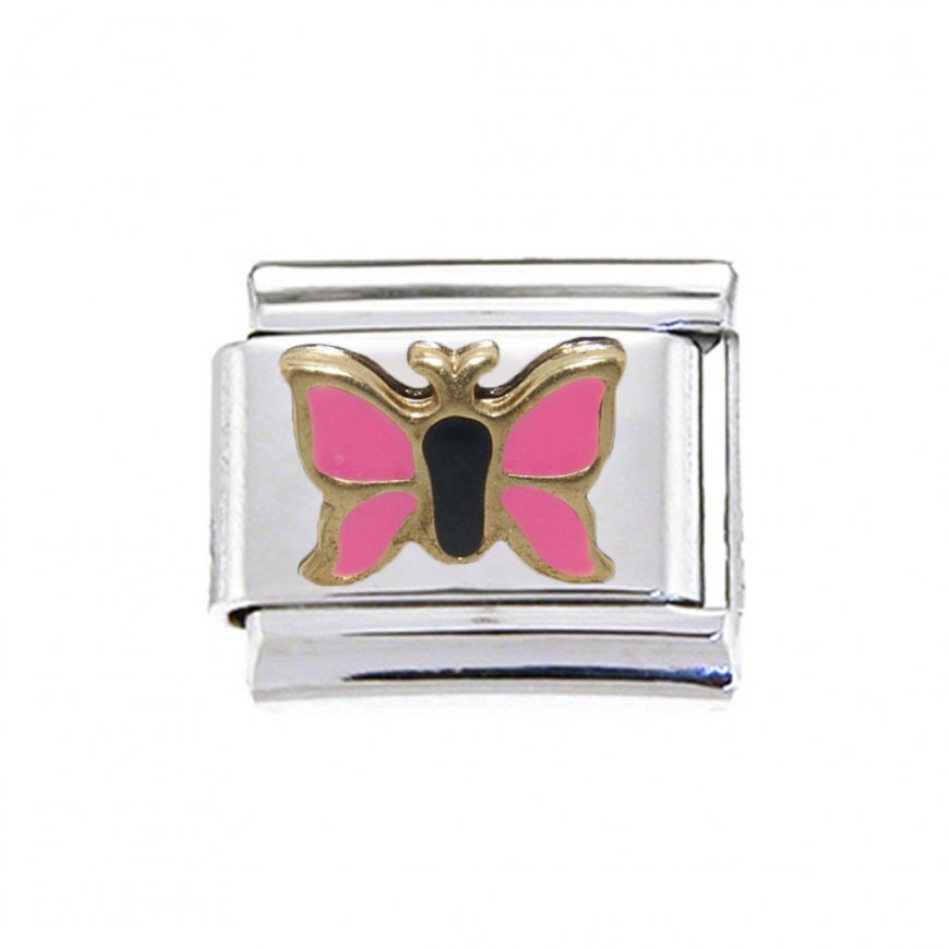 Gold and pink butterfly new - enamel 9mm Italian charm - Click Image to Close