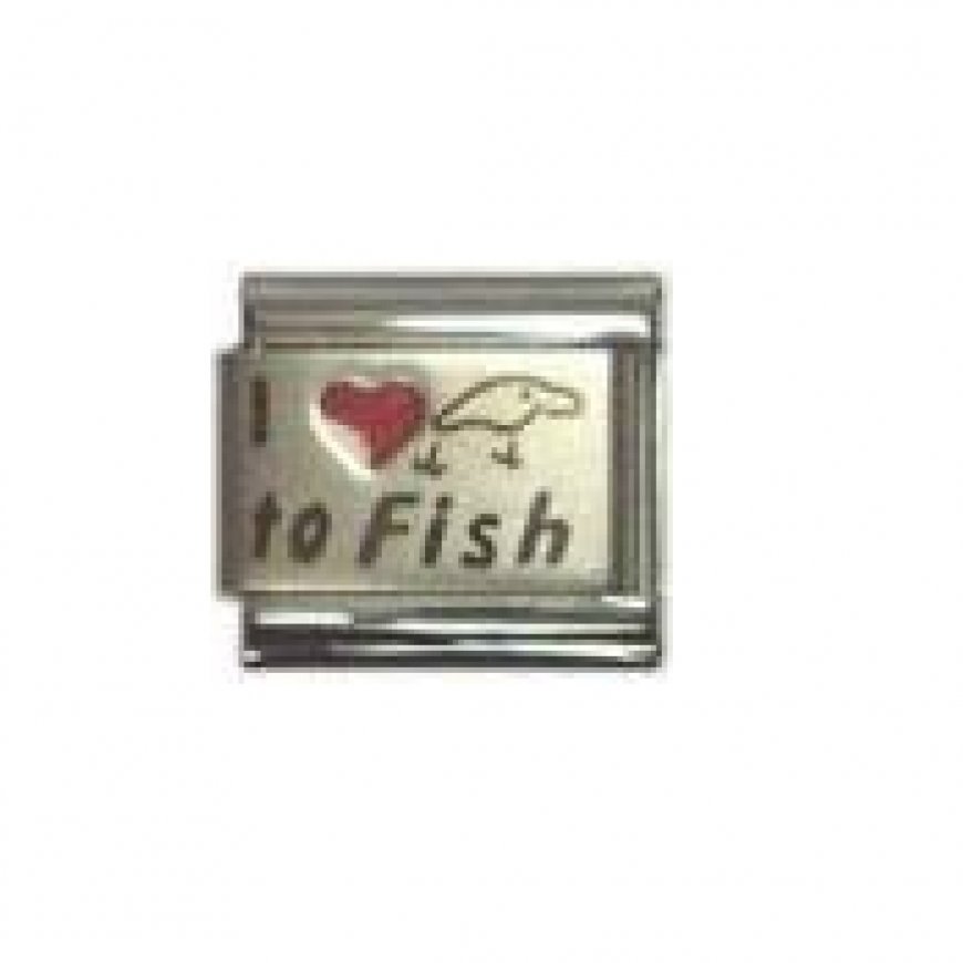 I love to fish - red heart laser 9mm Italian charm - Click Image to Close