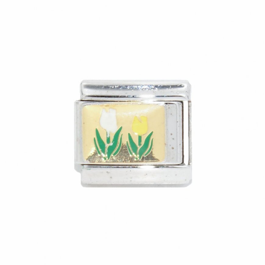 Tulips on gold background - 9mm enamel Italian charm - Click Image to Close