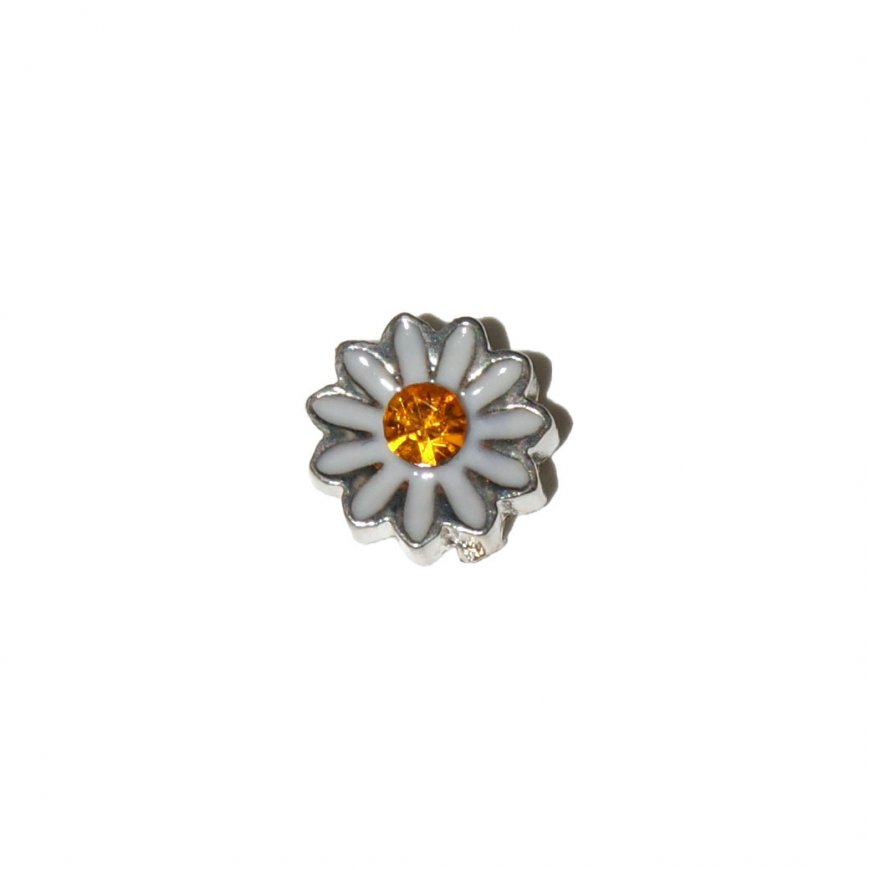 White daisy flower with orange stone 8mm floating locket charm - Click Image to Close