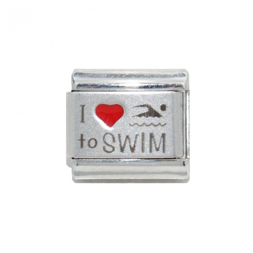 I love to swim - red heart laser - 9mm Italian charm - Click Image to Close