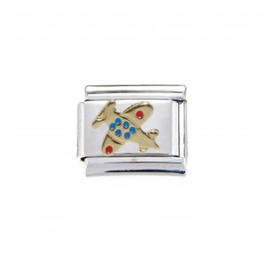 Plane - travel - gold, blue and red 9mm Italian Charm