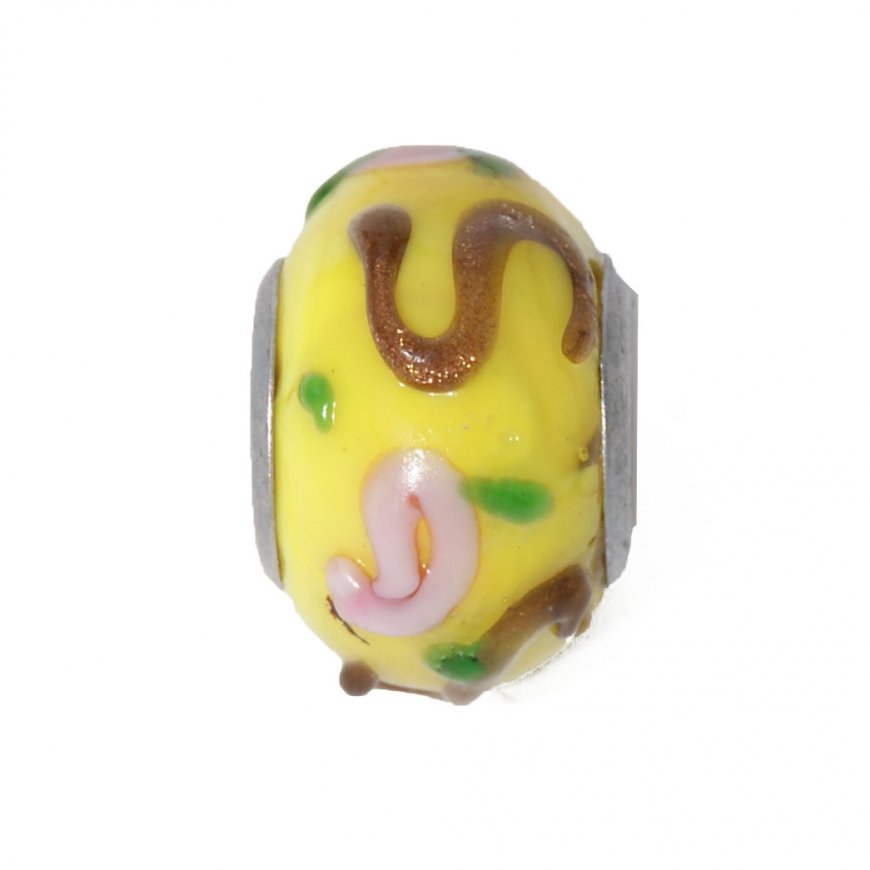 EB34 - Glass bead - Yellow with pink flower European bead charm - Click Image to Close