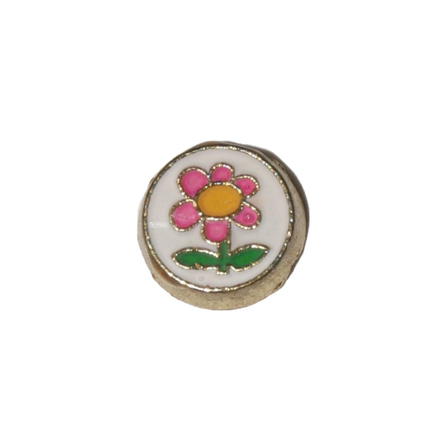 Pink flower on white background 7mm floating locket charm - Click Image to Close