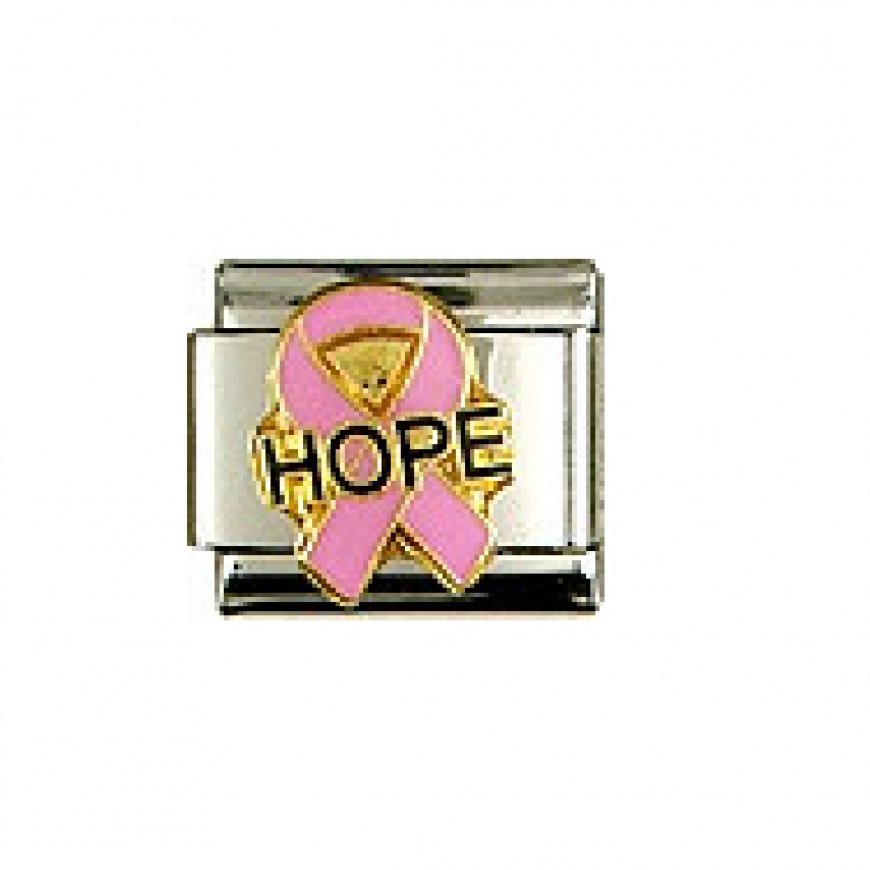 Pink Breast cancer ribbon with hope enamel - 9mm Italian charm - Click Image to Close
