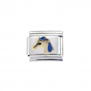 Gold and blue Horses head - enamel 9mm Italian charm