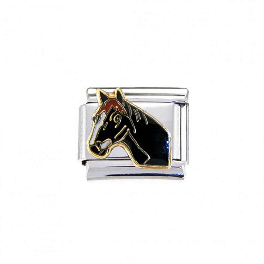 Black horses head - enamel 9mm Italian charm - Click Image to Close