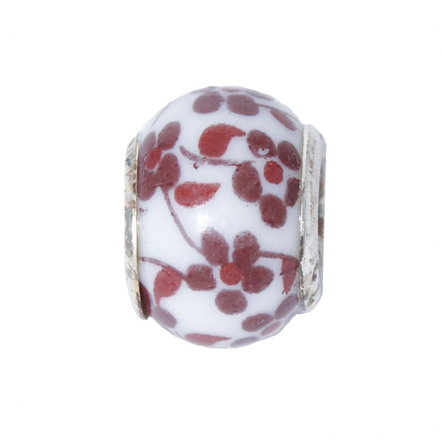 EB51 - Glass bead - White with red flowers - European bead charm - Click Image to Close
