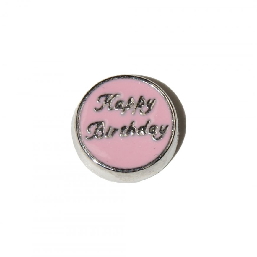 Happy Birthday on pink circle 8mm floating locket charm - Click Image to Close