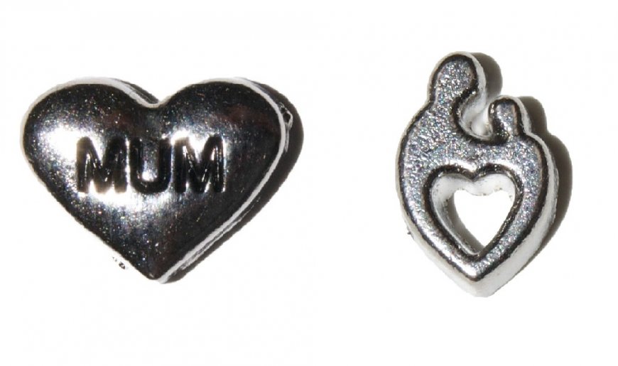 Mum Set of 2 floating charms Mum in Heart & Mother Child Heart - Click Image to Close
