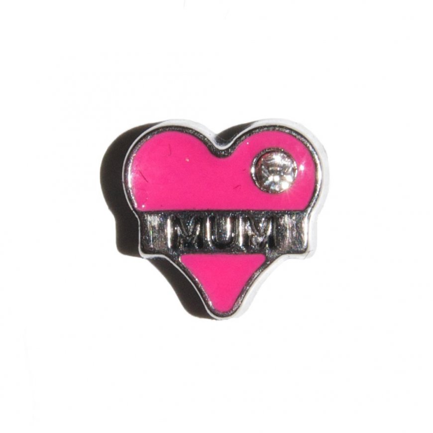Mum in pink heart with clear stone 8mm floating locket charm - Click Image to Close