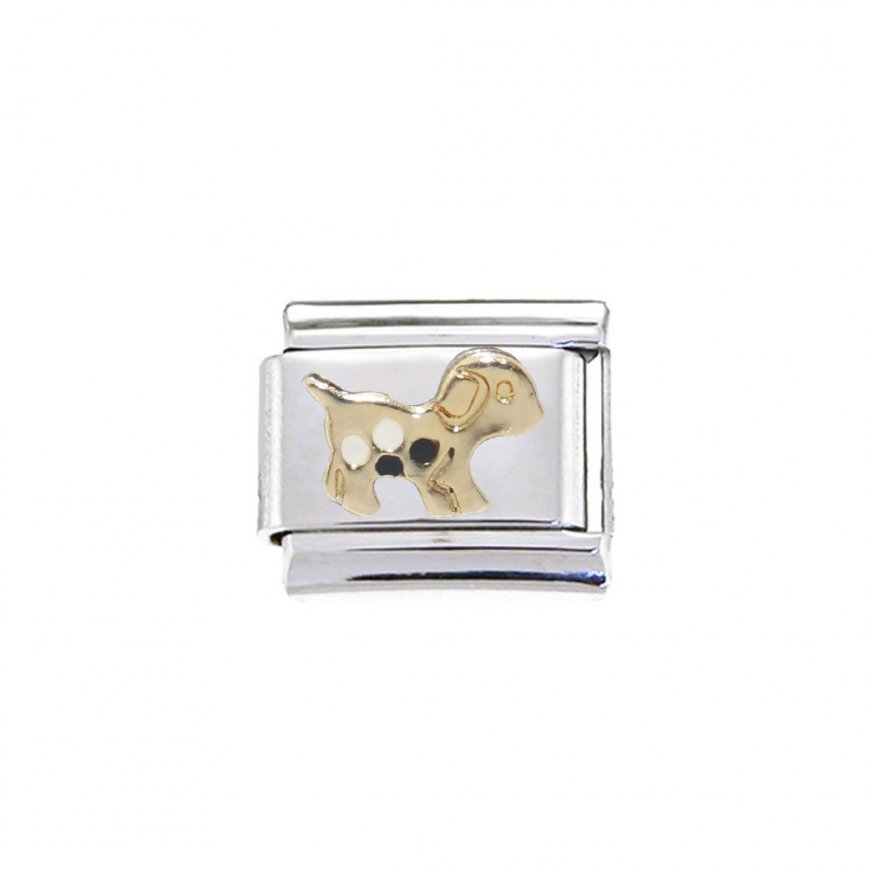 Gold dog with white spots - enamel 9mm Italian charm - Click Image to Close