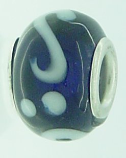 EB87 - Glass bead - Dark blue bead with white swirls and dots - Click Image to Close