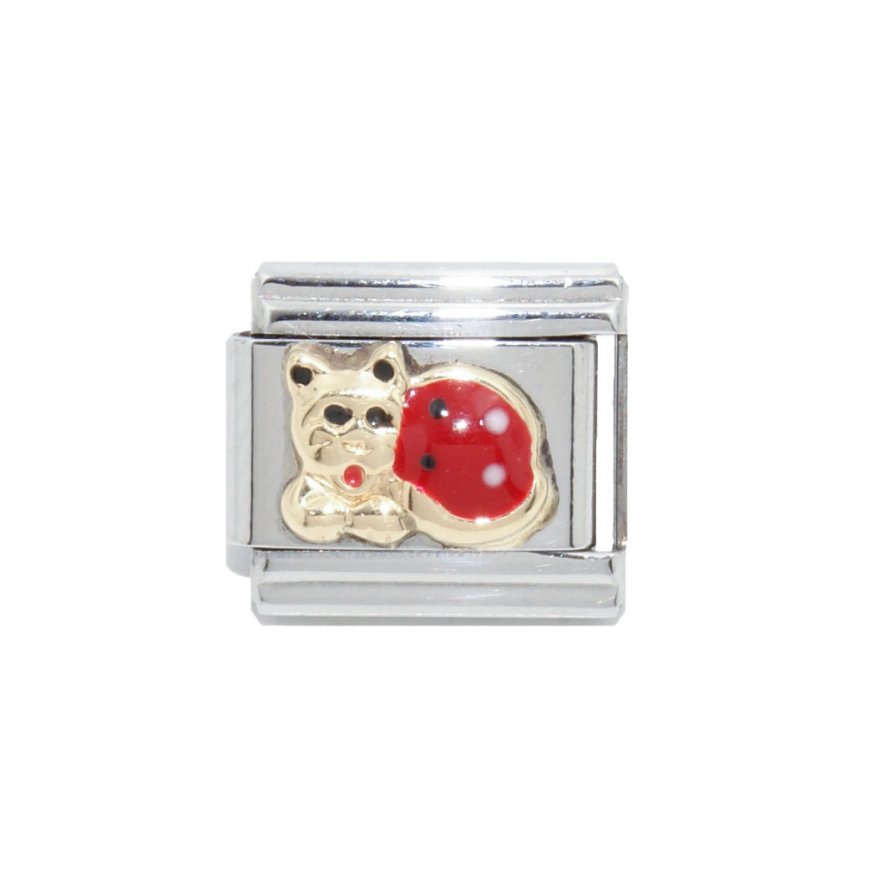 Cat - gold and red enamel - 9mm Italian charm - Click Image to Close