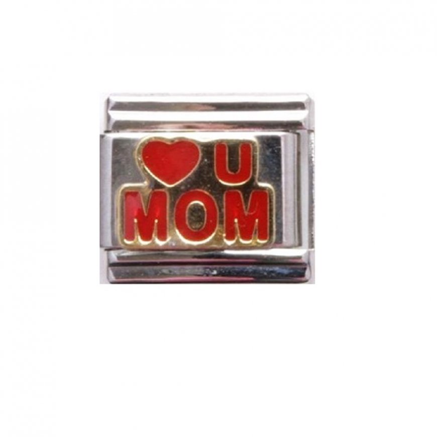 Love U Mom on gold backgroune enamel 9mm Italian charm - Click Image to Close