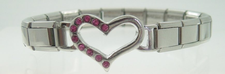 Open heart with pink rhinestones on SHINY bracelet - Click Image to Close