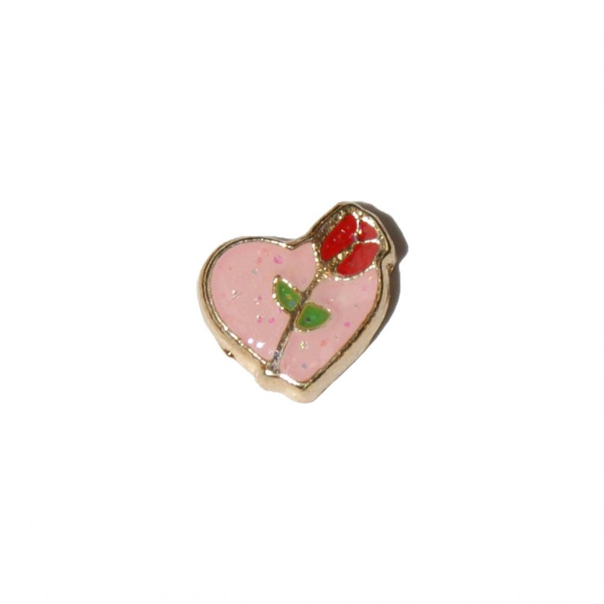 Red rose on pink heart 6mm floating locket charm - Click Image to Close