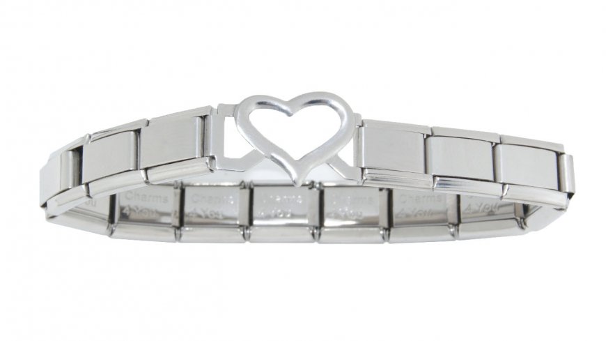 Silver coloured open heart link 9mm Italian Charm bracelet - Click Image to Close