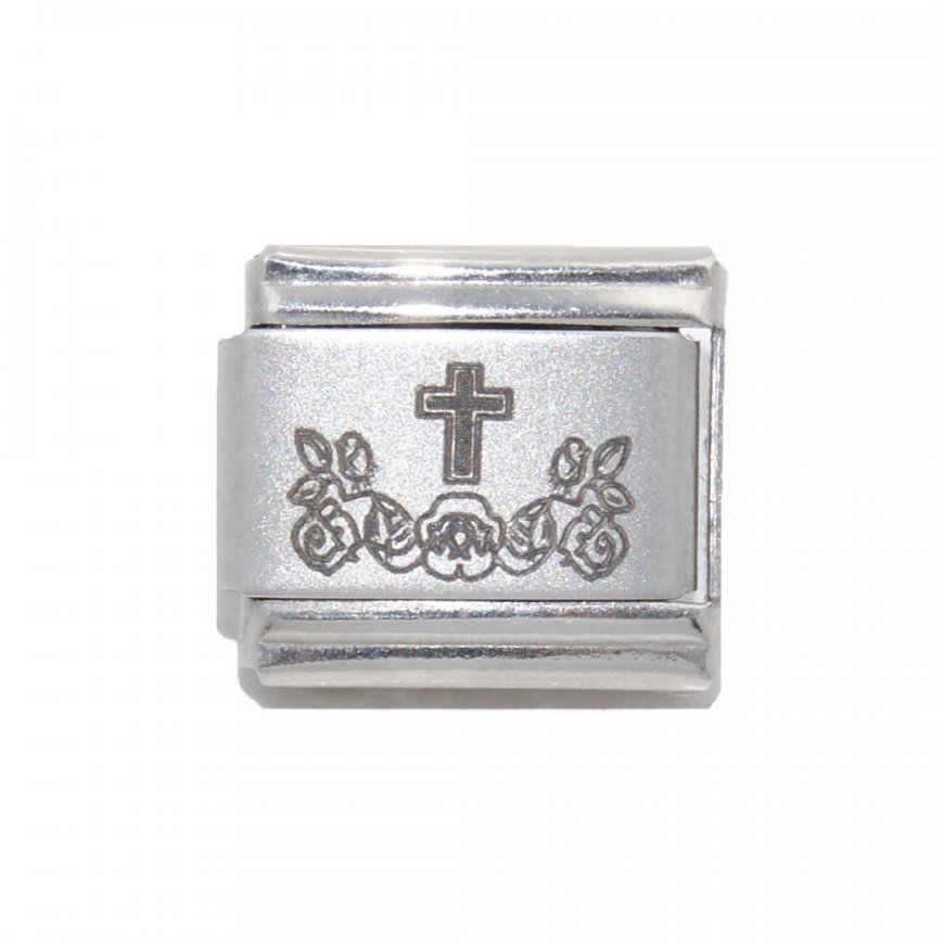 Cross with flowers - 9mm Laser Italian charm - Click Image to Close