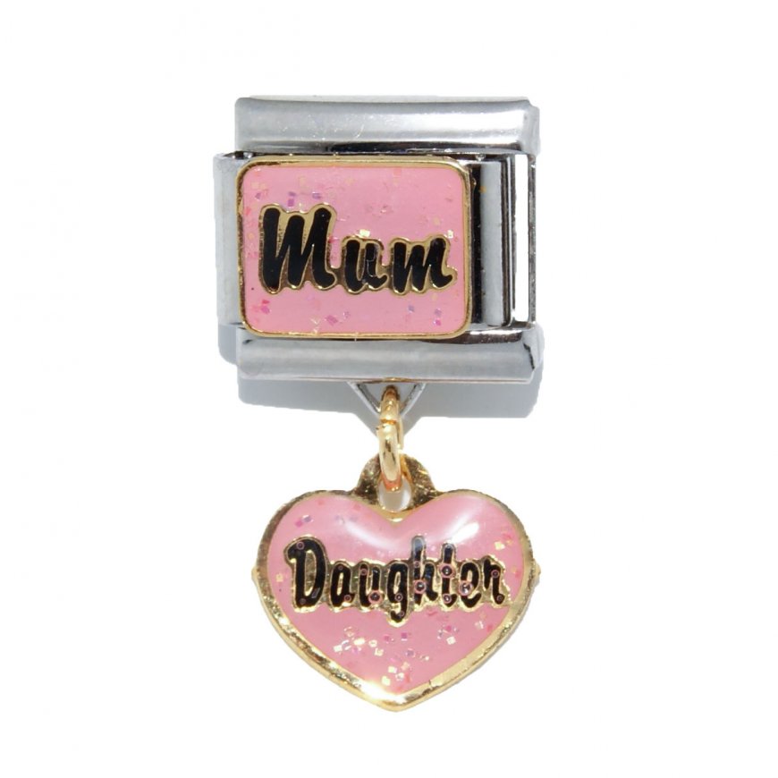 Mum with dangle heart Daughter - dangle 9mm Italian charm - Click Image to Close