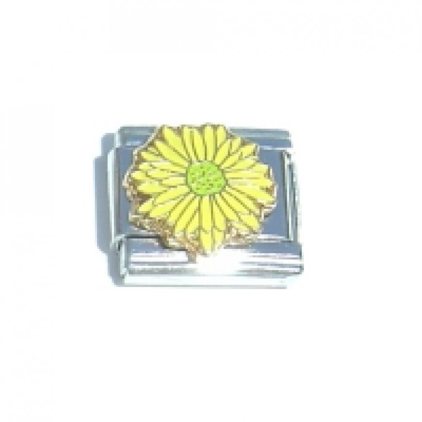 Yellow flower with green centre - 9mm enamel Italian charm - Click Image to Close