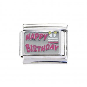 Happy Birthday with Cake pink enamel - 9mm Italian charm