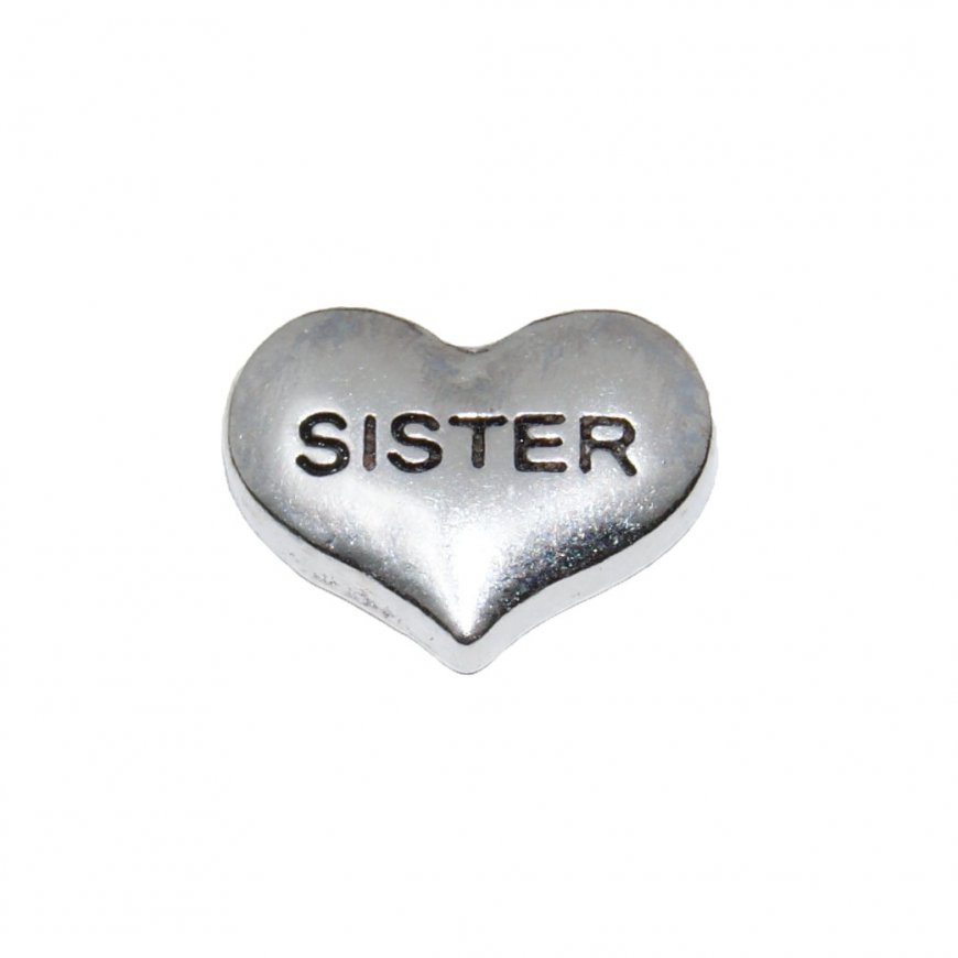 Sister silvertone heart 9mm floating locket charm - Click Image to Close