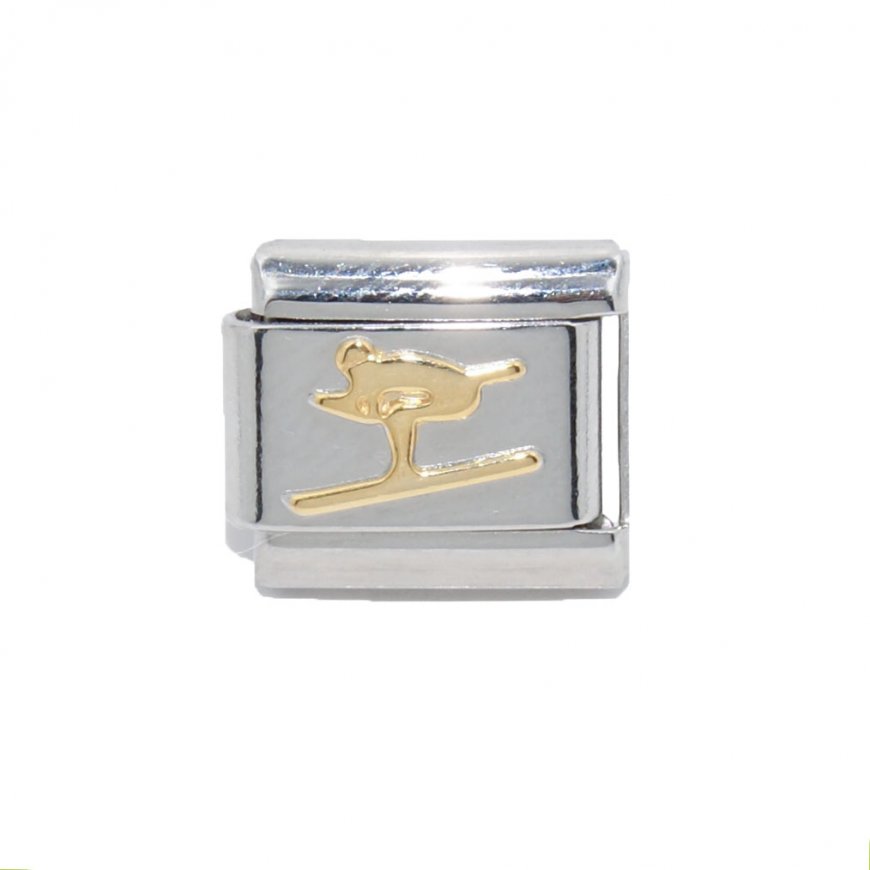 Skier/skiing - gold colour enamel 9mm Italian charm - Click Image to Close