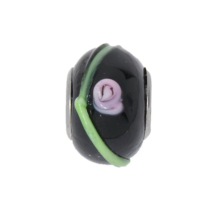 EB69 - Glass bead - Black bead, green and pink - European bead - Click Image to Close