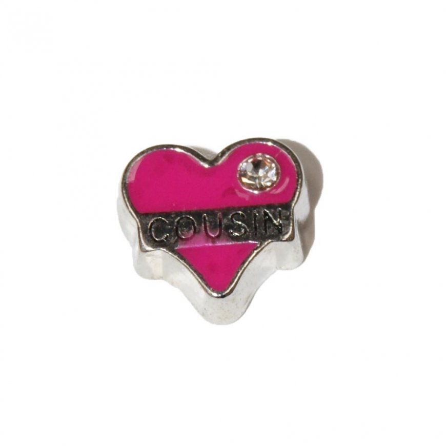 Cousin in pink heart with stone 7mm floating locket charm - Click Image to Close