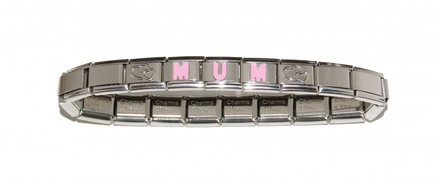 Name 4 pink letters 2 double hearts Italian charm bracelet - Click Image to Close