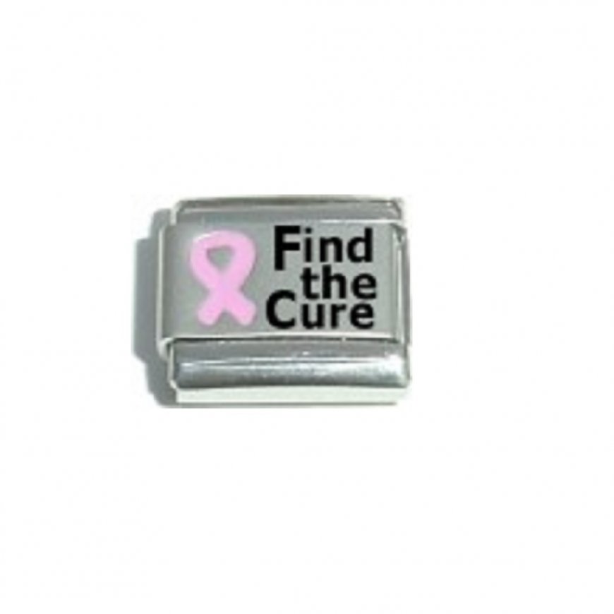 Pink breast cancer ribbon - find the cure - laser Italian charm - Click Image to Close