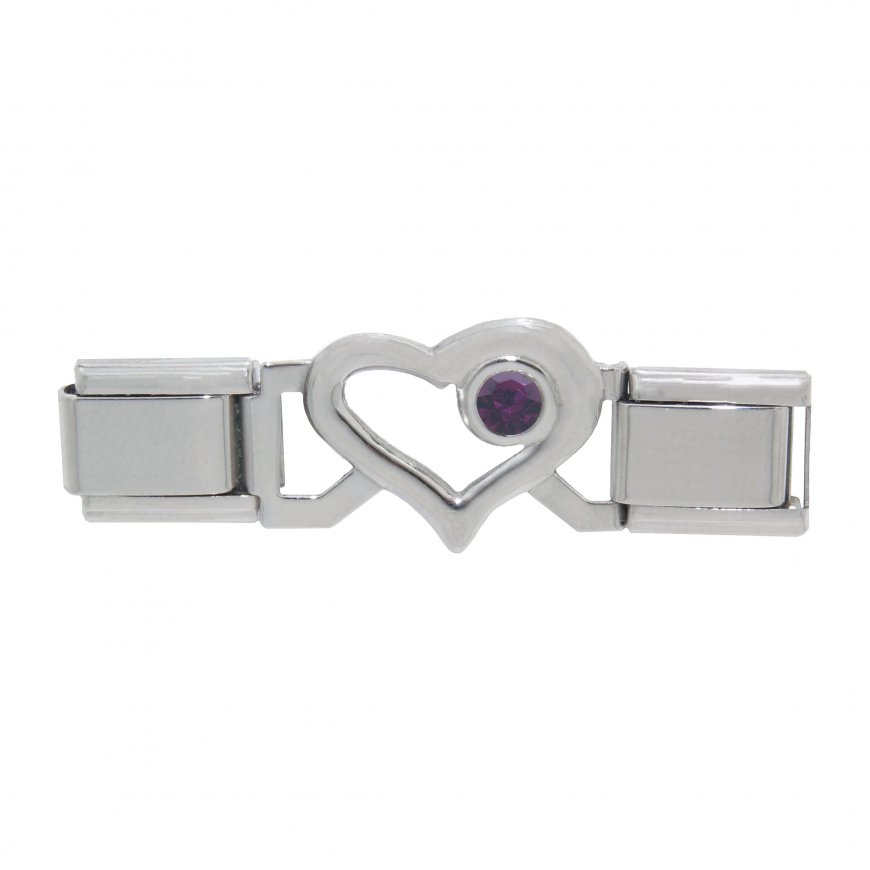 Small Open Heart connector link - February birthstone - Click Image to Close
