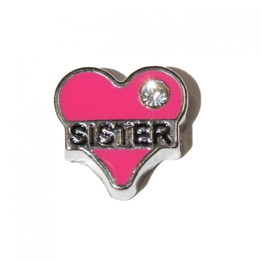 Sister in pink heart with stone 8mm floating locket charm - Click Image to Close