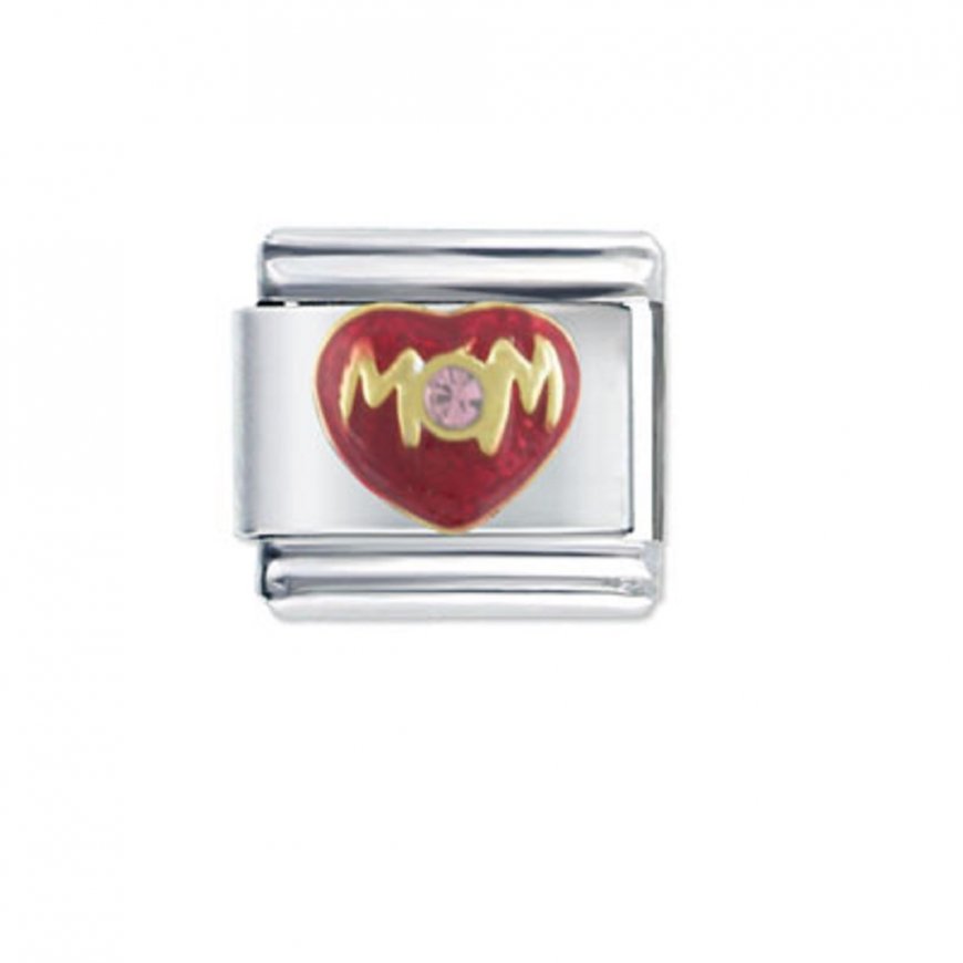 Mom red heart with stone - Enamel 9mm Italian charm - Click Image to Close