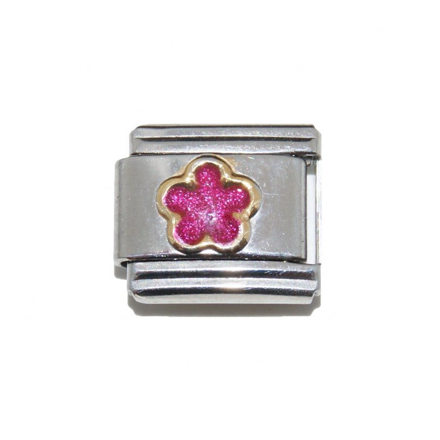 Bright pink sparkly flower - 9mm Italian charm - Click Image to Close