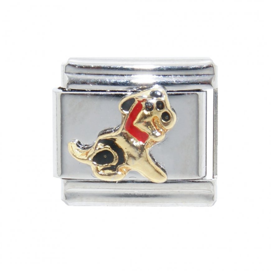 Gold dog with red collar- enamel 9mm Italian charm - Click Image to Close